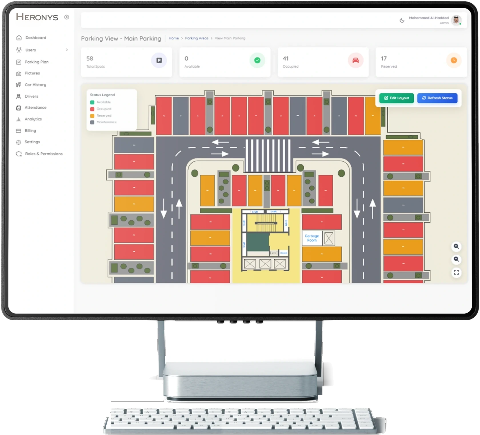 Heronys dashboard — live parking view of Main Parking on a desktop monitor